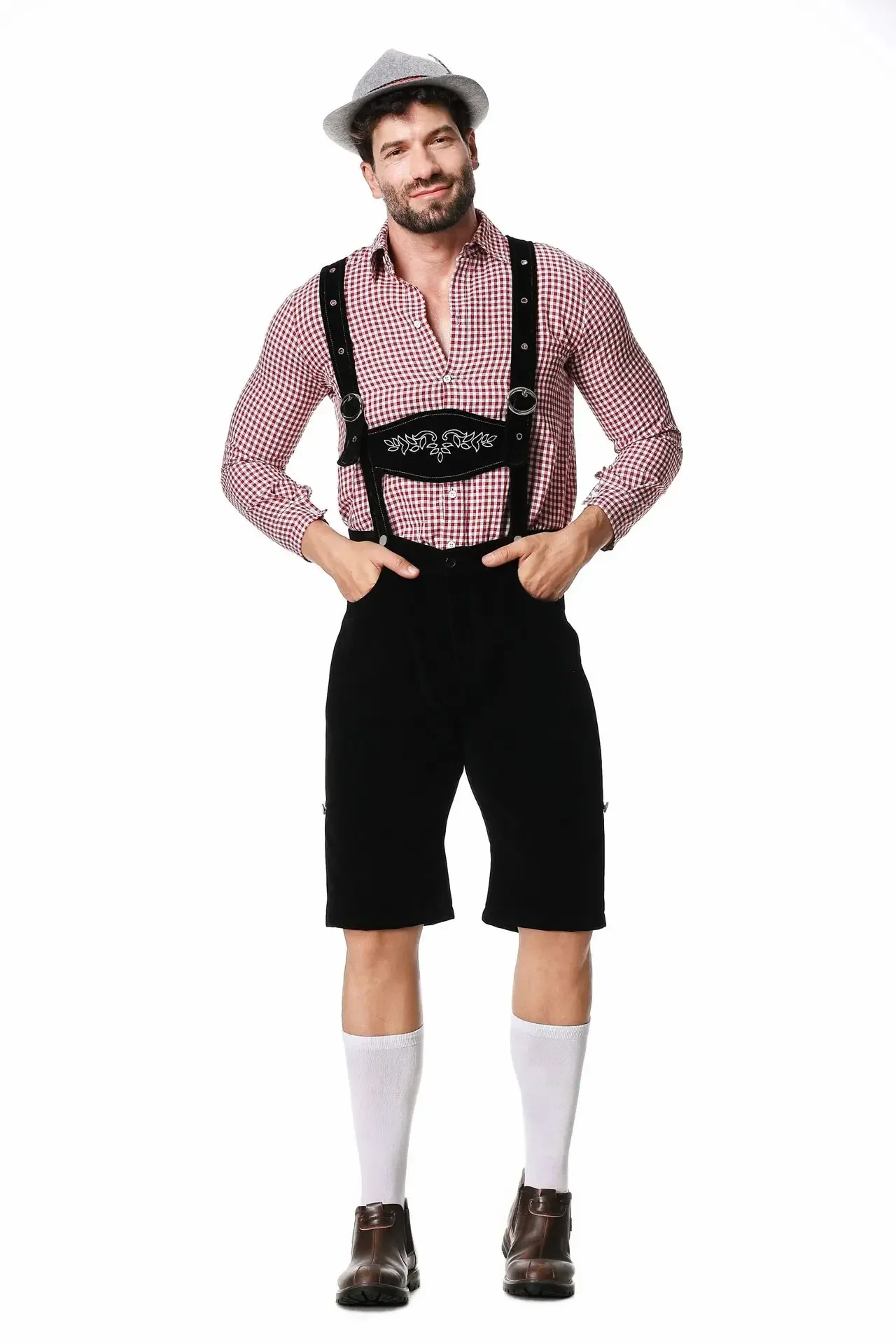 Germany Munich Traditional Oktoberfest Carnival Clothing Plaid Shirt Embroidery Suspenders And Hat Suit view 3