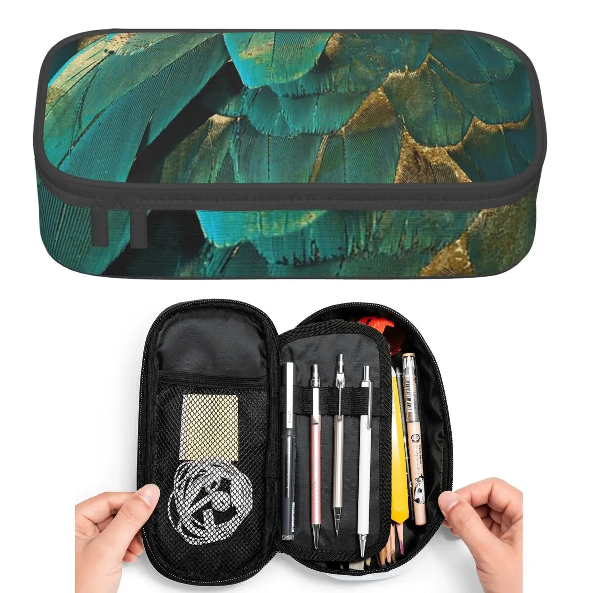 Estuches para lápices con purpurina de plumas, color verde azulado y dorado, para estudiantes, caja para bolígrafos, bolsa para lápices, estuche para lápices de gran capacidad, soporte para bolígrafos