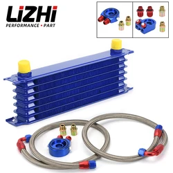 WLR - Universal 7 Rows Oil Cooler Kit + Oil Filter Sandwich Adapter +Stainless Steel Braided Oil Hose AN10 Hose End Fittings