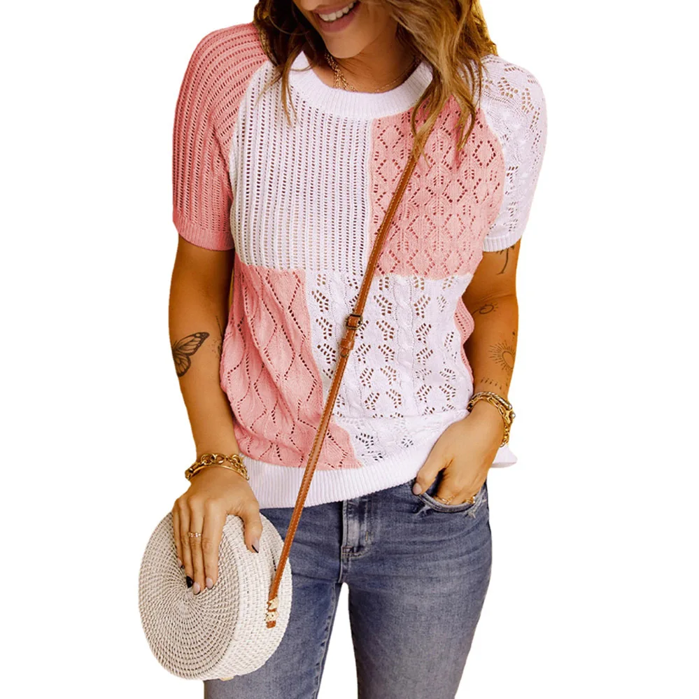 T Shirt Women New Europe Summer 2022 Fashion Knitwear Sets Round Collar Color Matching Knitting Short Sleeve Tshirt OLNAL6073