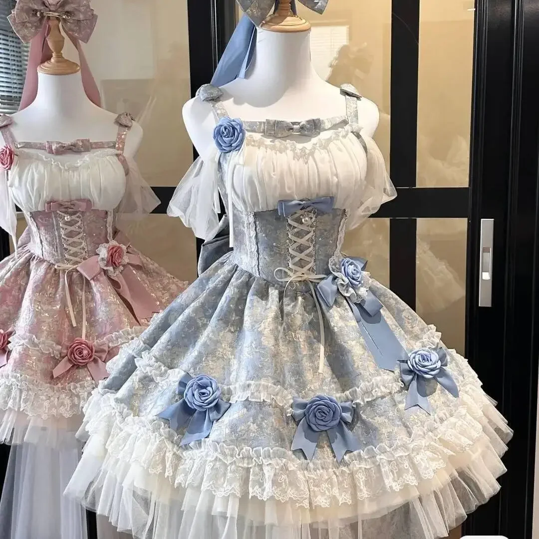 

2025 Lolita Sweet Girl Pink Blue Jacquard Fabric Off-The-Shoulder Dress Female High Waist Lace-Up Bow Above Knee Princess Dress