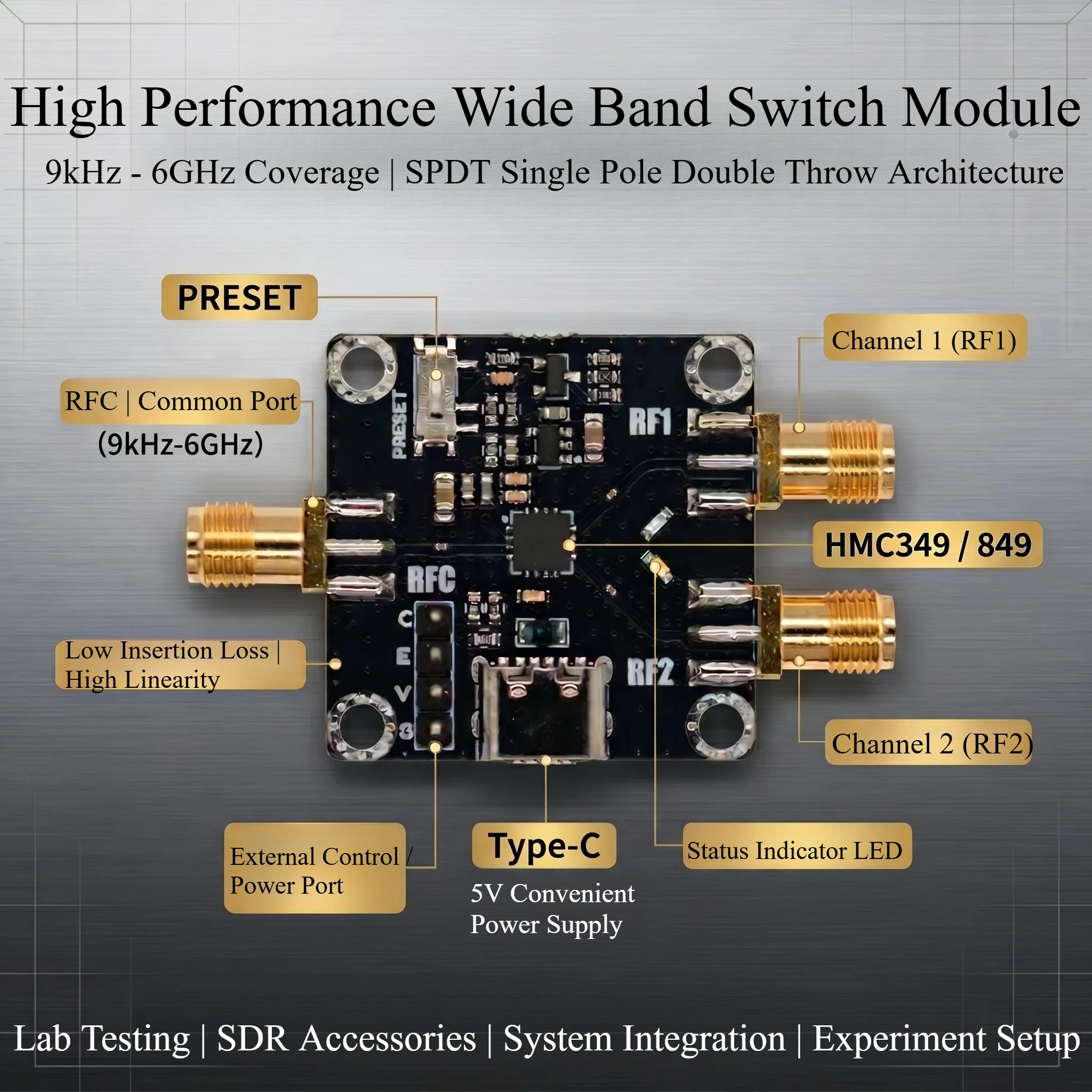 4G-6GHz SPDT Single Pole Double Throw Switch Module,High Isolation Wide Voltage Supply HMC349 HMC849 Test Component