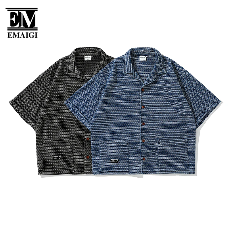 Men Wash Denim Vintage Streetwear Fashion Loose Casual Short Sleeve Stripe Shirts Male Harajuku Oversize Cityboy Shirts Blouses