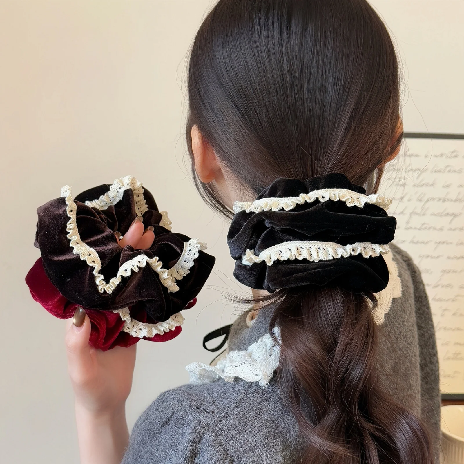 1 coleteros de terciopelo negro y marrón, adorno de encaje blanco y acento burdeos, elegantes lazos para el cabello de estilo Retro para mujer