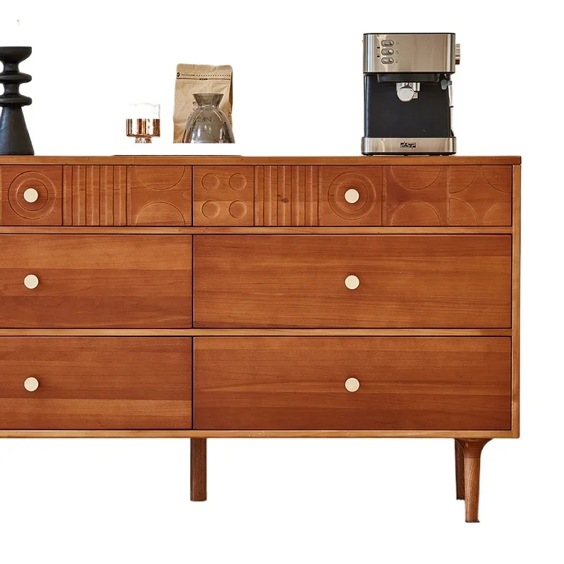 

French retro solid wood chest, living room dining side porch side cabinet against the wall, medieval carved six buckets