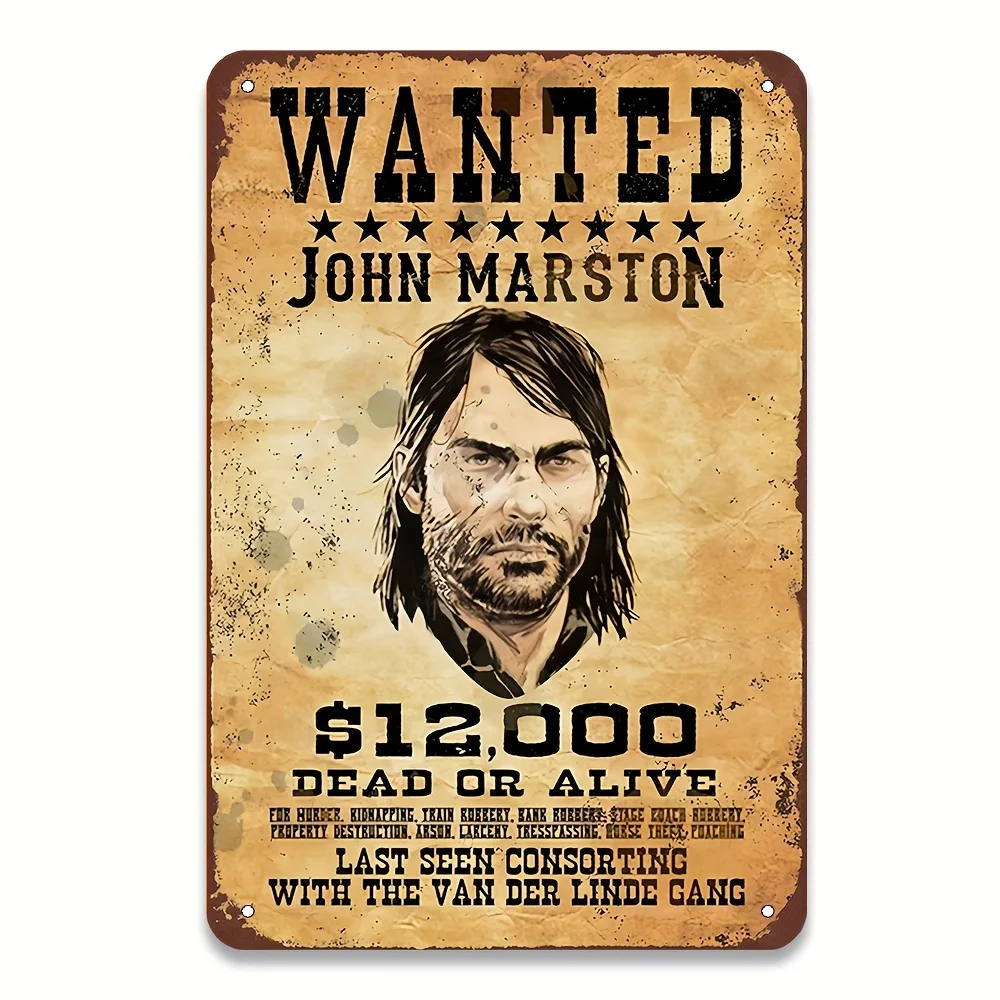 John Marston Wanted Fugitive Metal Tin Sign, Rustic Wall Art Poster, , Vintage Home,Cafe Decor, Christmas Gift, Artistic