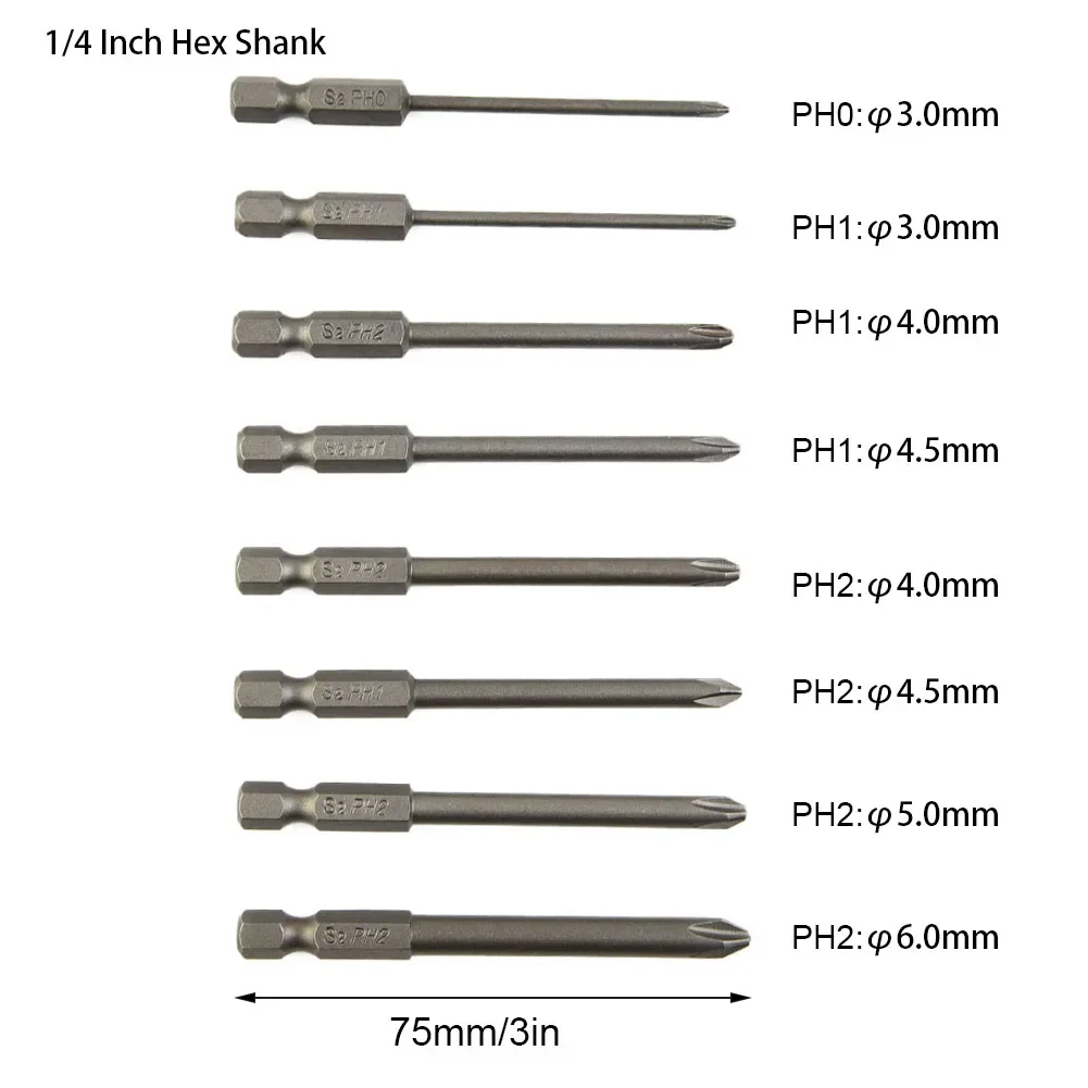 Set di punte per cacciavite a croce da 75 mm Cacciavite elettrico Punte per cacciavite esagonale magnetico da 1/4 di pollice Utensili manuali PH0/PH1 /PH2