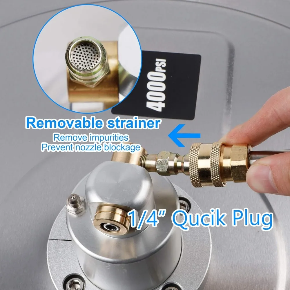 Limpiador de superficies para lavadora a presión de 20 PSI con cuatro ruedas, cuerpo de acero inoxidable y accesorio de conexión rápida de 1/4 de pulgada