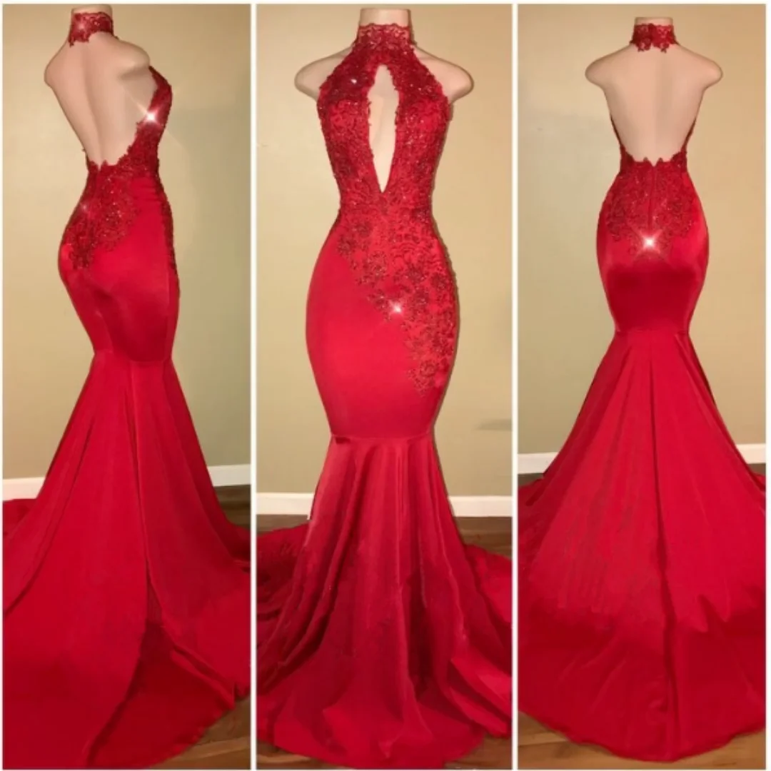 Maßgeschneiderte leidenschaftliche rote Neckholder-Pailletten-Perlen-Abendkleider, figurbetontes Satin-Meerjungfrauenkleid, glitzerndes Damenkleid