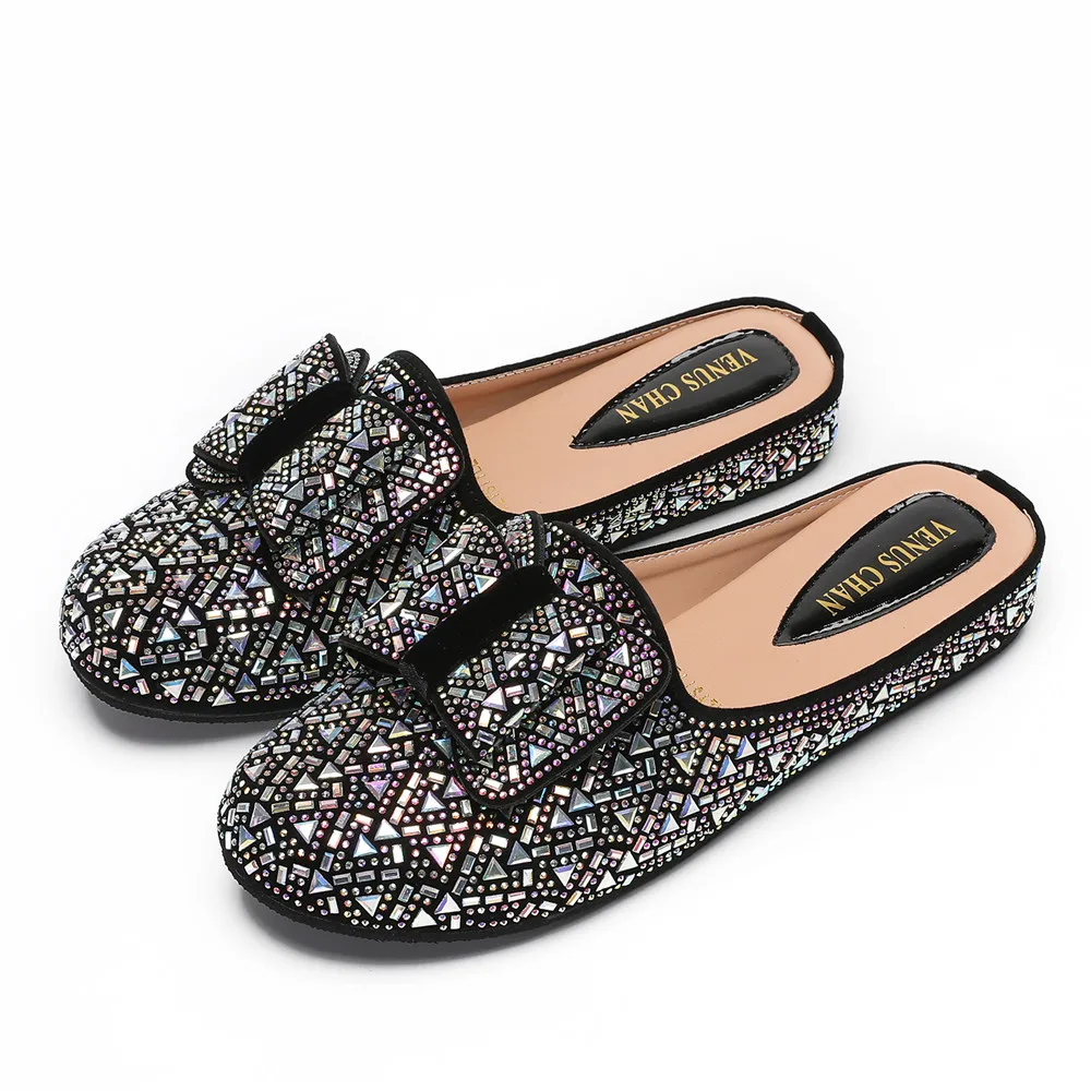 

Итальянские стильные удобные сандалии, дизайнерская обувь, лето 2024, женские полутуфли на массивной танкетке с бантом и блестящими стразами