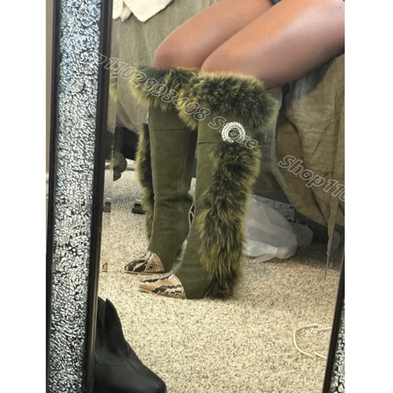 

Green Fur Decor Rhinestone Boots Splicing British Style Spring Stylish Women Party Dress Stiletto Boots 2025 Zapatos Para Mujere