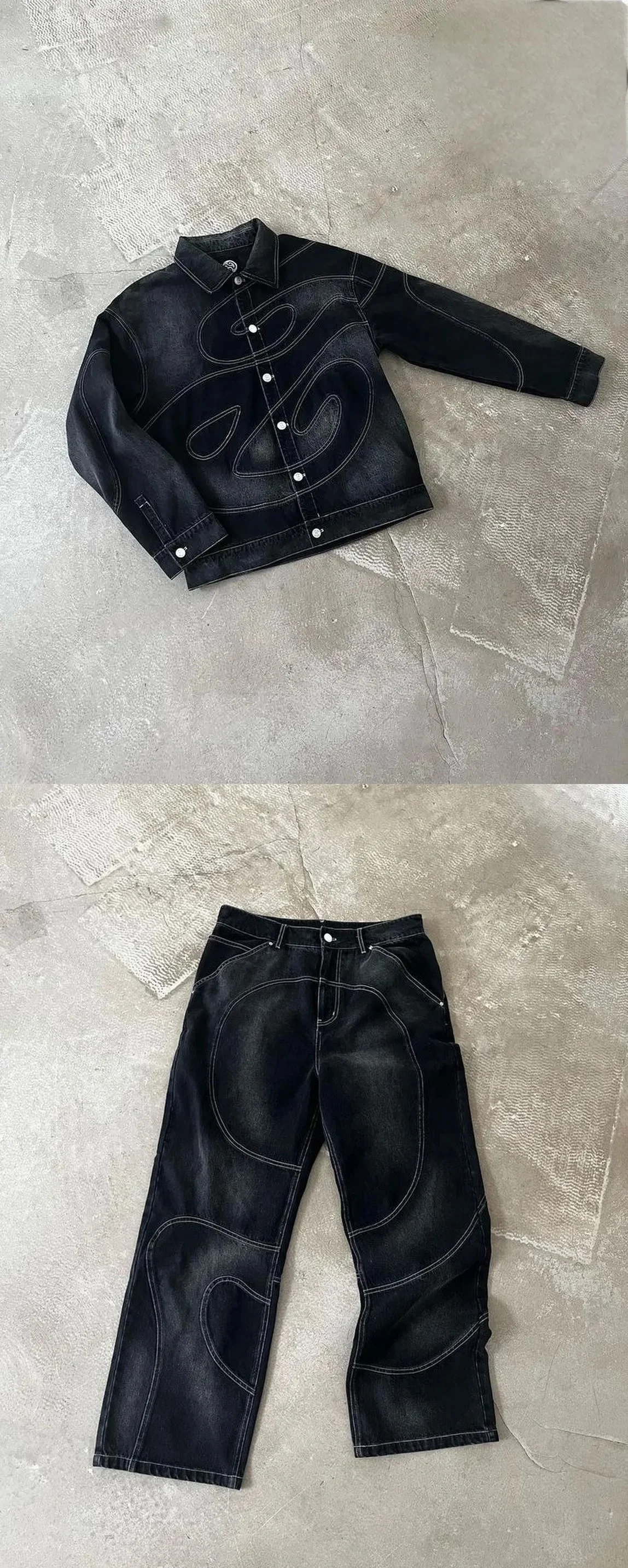 

Retro Washed Black 3D Pattern Patch Motorcycle Denim Jacket and Jeans 2-piece Set American Straight Leg Denim Pants Set