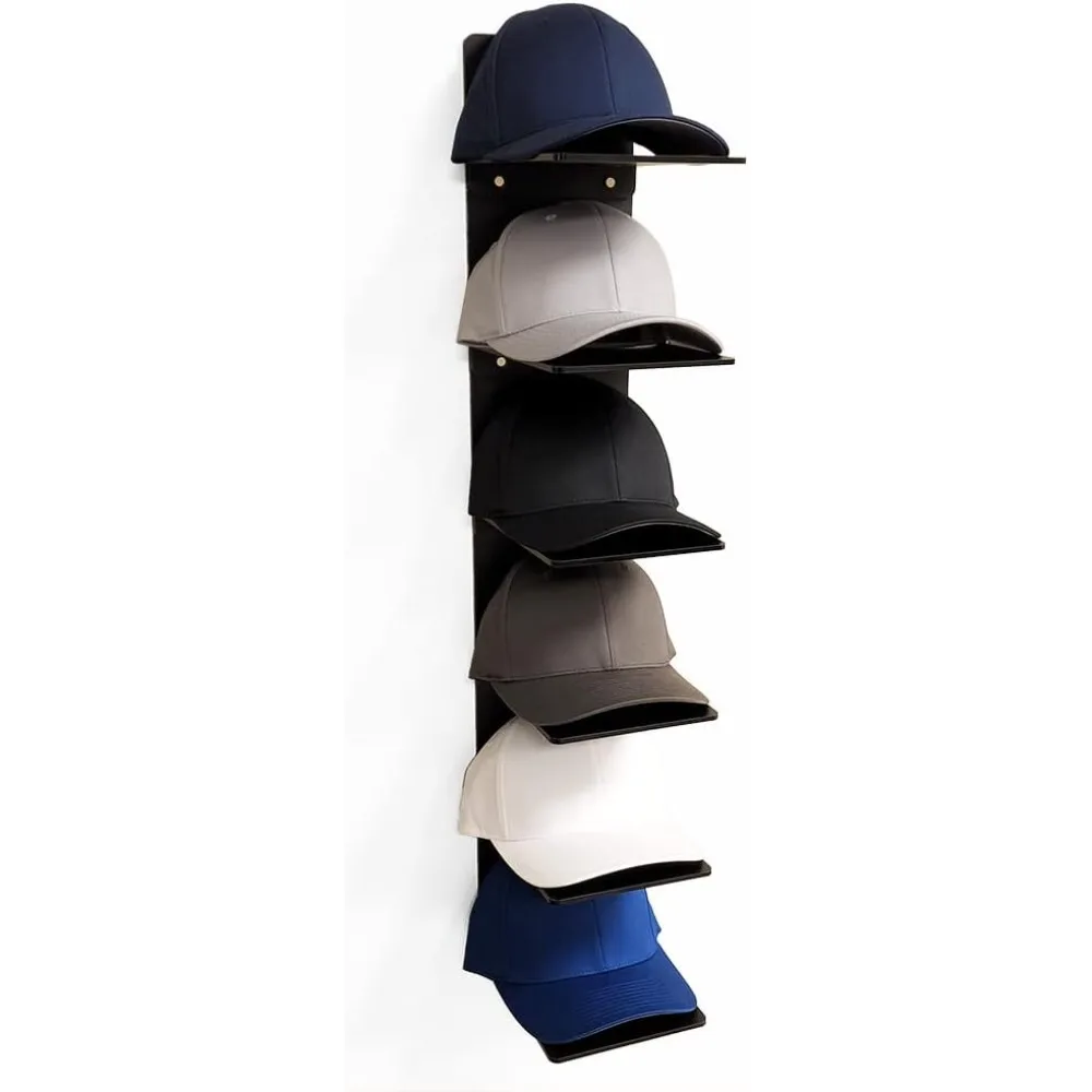 Expositor de acrílico de lujo para sombreros, organizador de gorras de béisbol montado en la pared, expositor de pared con múltiples estantes para sombreros (negro mate)