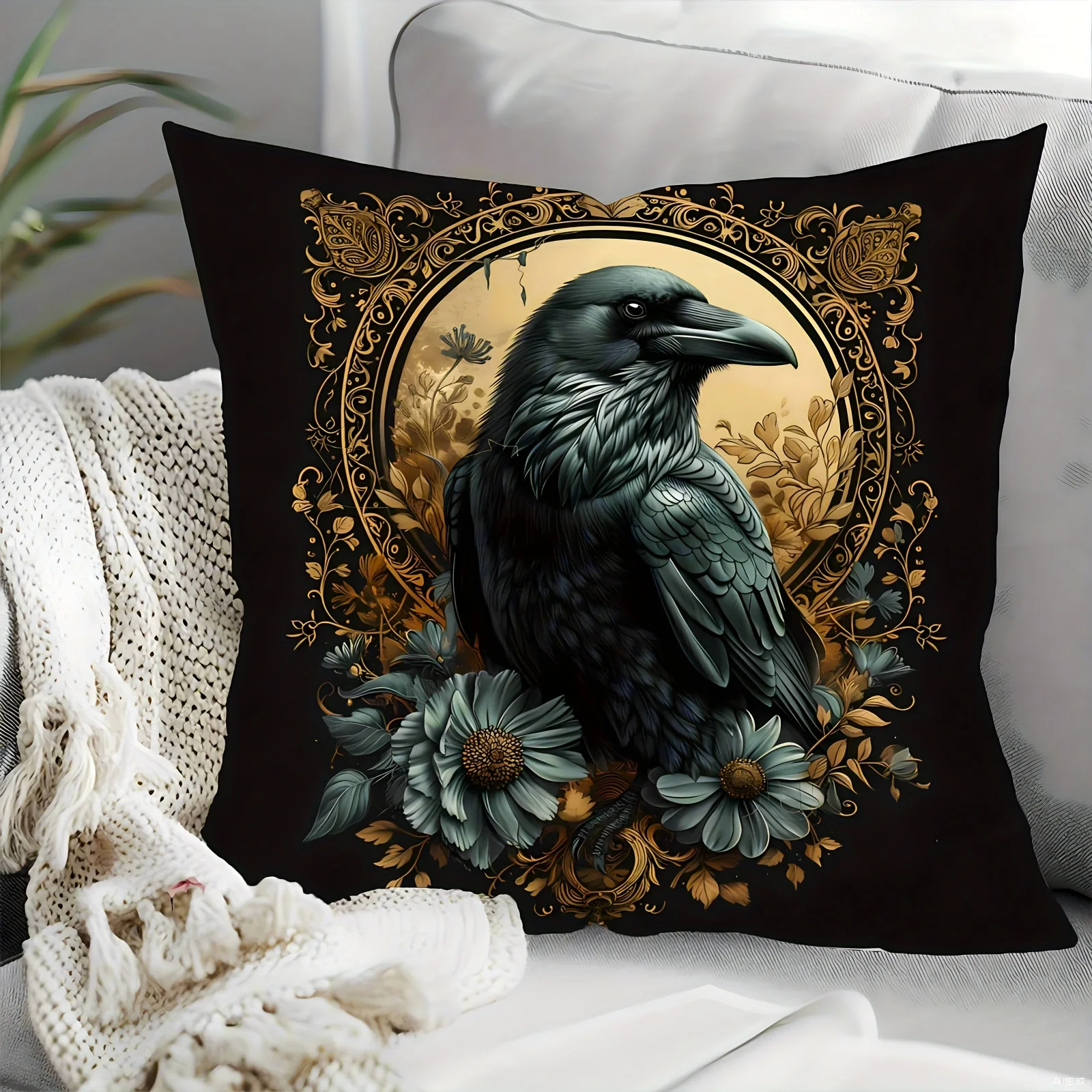 2D Flat Printing Elegant Raven Pillow Cover: Perfect for Halloween Decor  Zip Closure, Polyester Fabric, Contemporary Style
