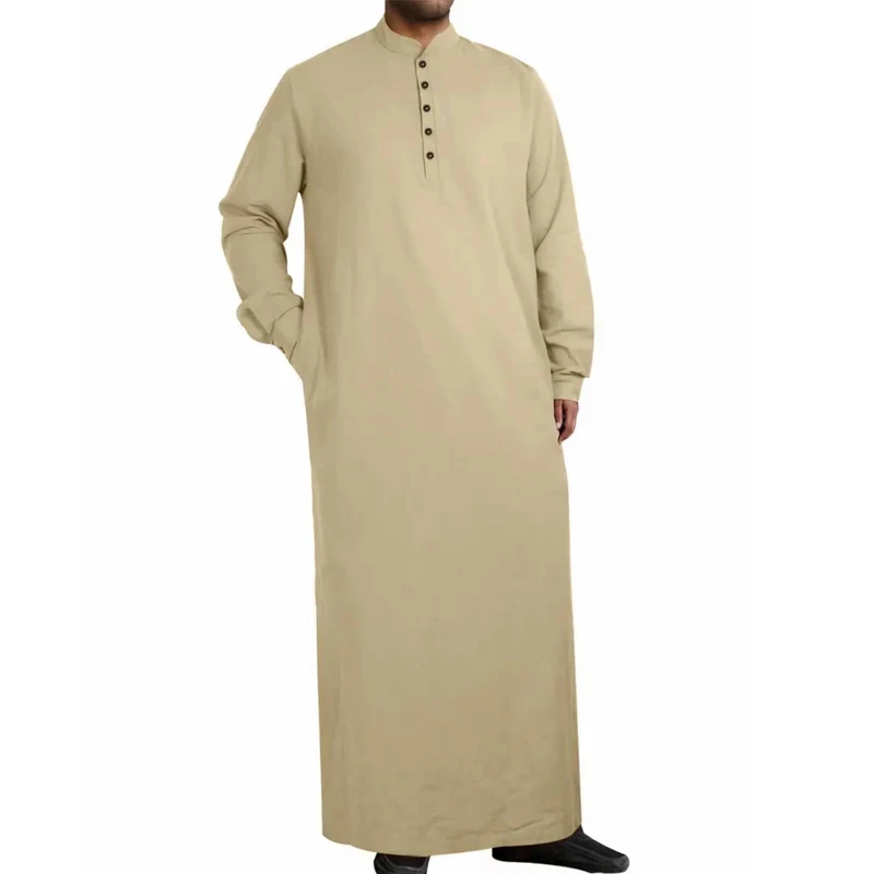 Men\'s Muslim Robe Fashion Solid Color Standing Neck Button Long Sleeve Arab Abaya Kaftan Dress Ramadan Eid Islamic Clothing