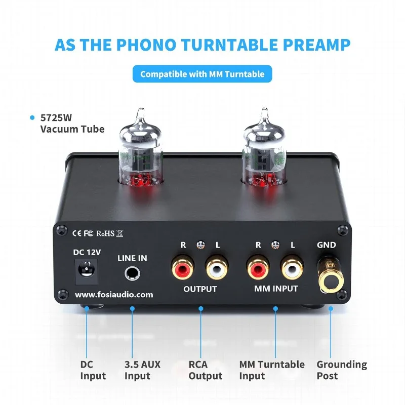 Box X4 Phono Preamp with JAN 5725W Vacuum Tubes for MM Turntable Phonograph Record Player with Volume Bass Treble