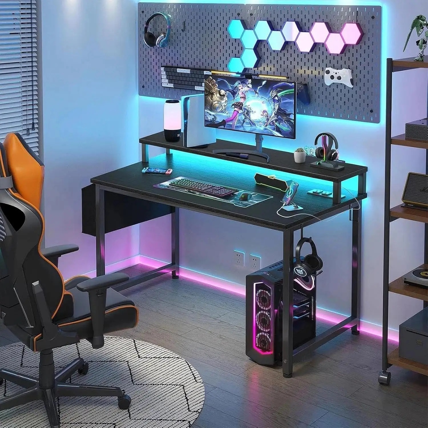 Small Desk with Power Outlets and LED Lights, 32 Inch Teen Writing Study Table Home Office Computer Desks with Monitor Stand, Ga