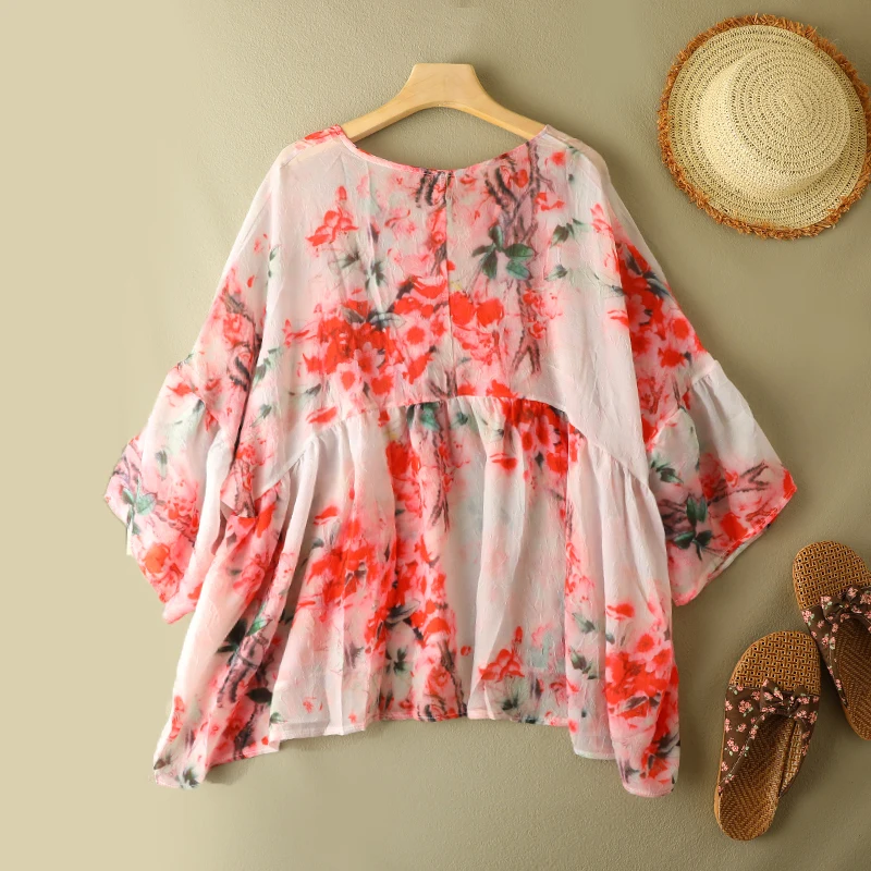 Retro Asymmetric Floral Print T-irt with Bell Sves V-Ne Splice Pleated plus Size Women's Summer Top for Commuting