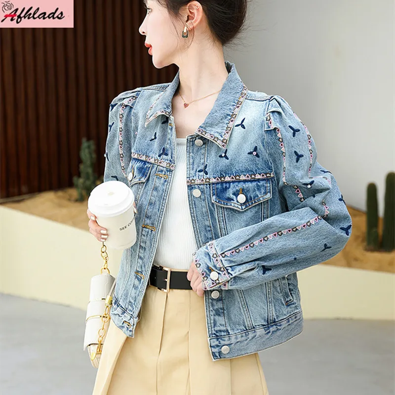 

Spring New Designer Denim Jackets Outerwear Autumn Loose Casual Long Sleeve Embroidered Flower Turn-Down Collar Women Coat