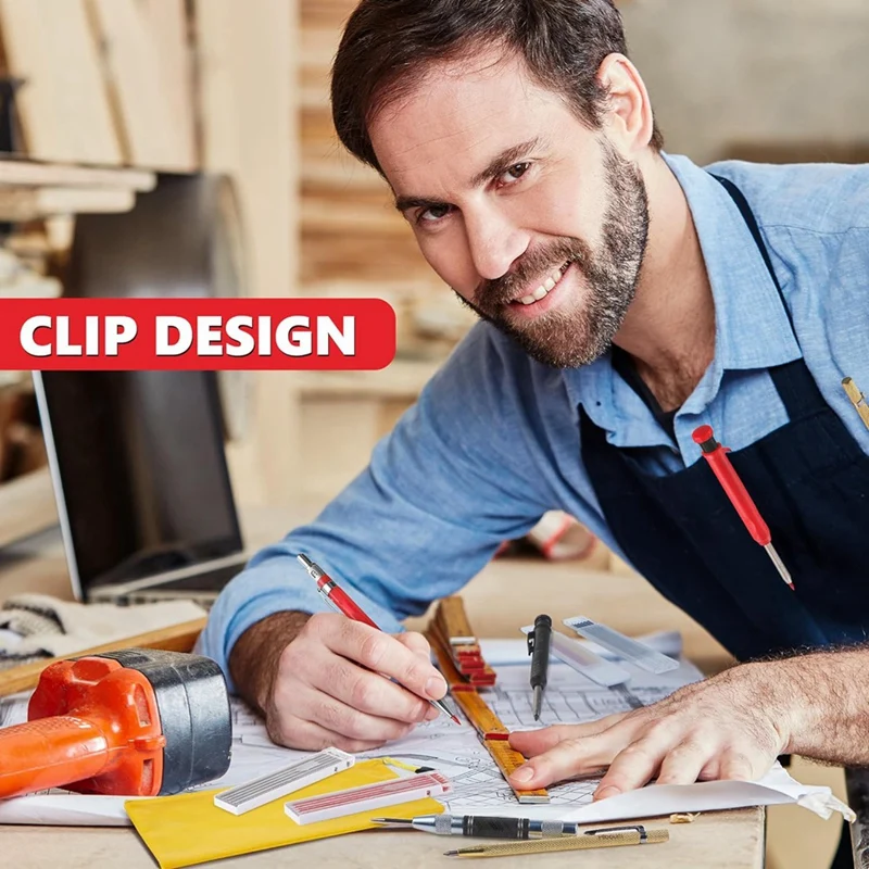 مجموعة قلم نجار مع إعادة تعبئة براية ، مثقاب مركزي أوتوماتيكي ، 4 أقلام رصاص صلبة ملونة