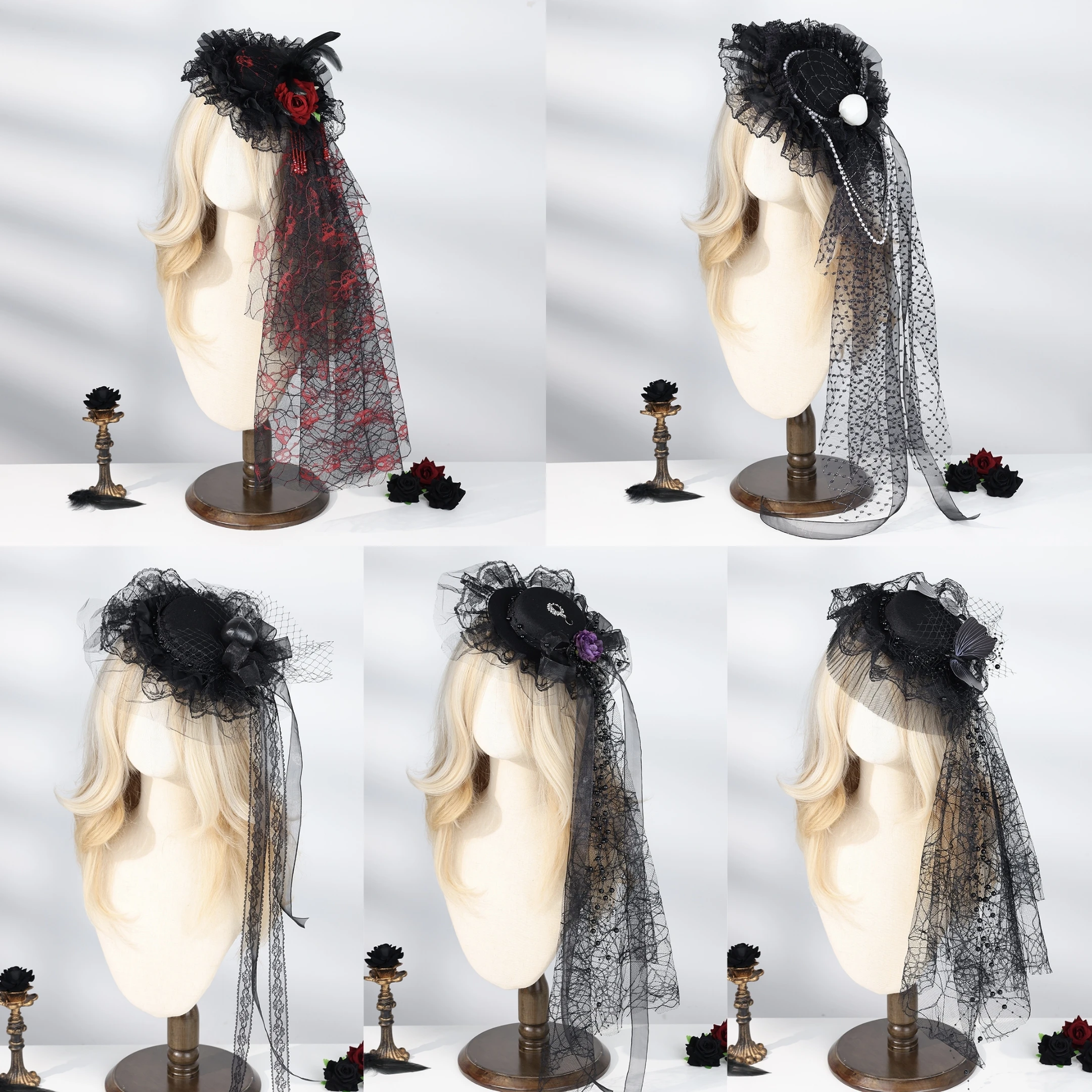 Gothic Lolita Mini Fascinator Hat,Multi‑Style Lace Veil Top Hat with Rose Bow Bead for Halloween Cosplay Tea Party Women Headpie