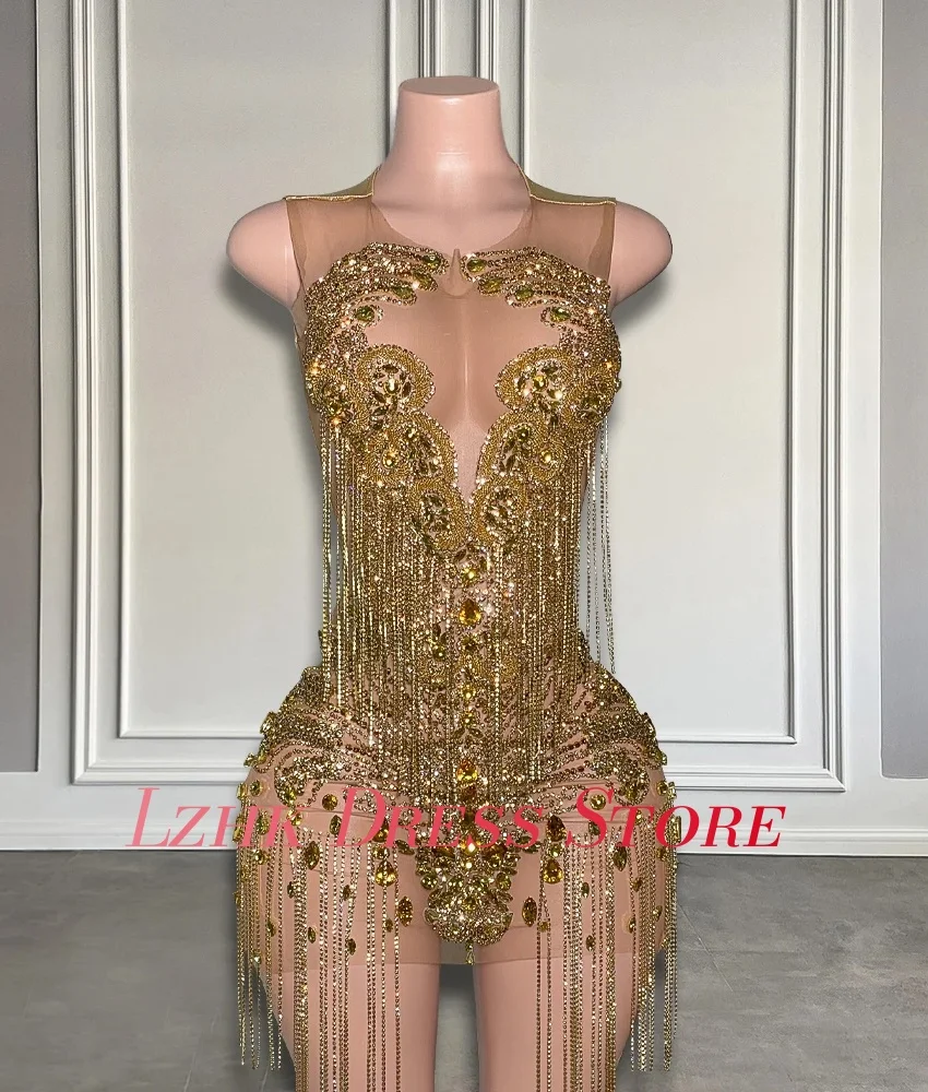 Abito da sera personalizzato con paillettes dritte di alta qualità con perline di cristallo e nappe Abiti di lusso senza maniche con scollo a O per occasioni speciali