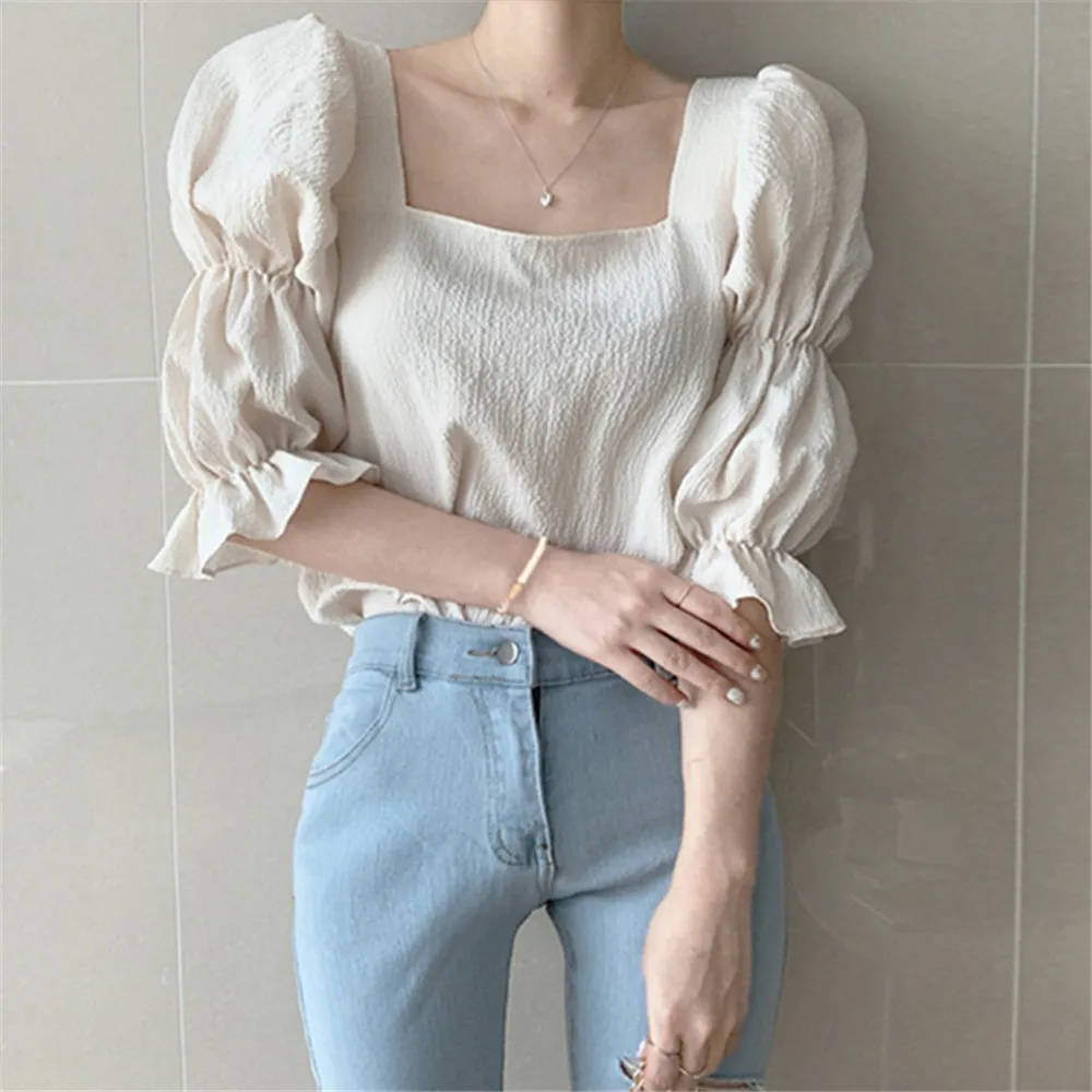 Woman ClothingSlim-Fit And Slim Chiffon Shirt For Women, Collarbone Pleated, Square Collar, Bubble Sleeve, Summer, New, 2024