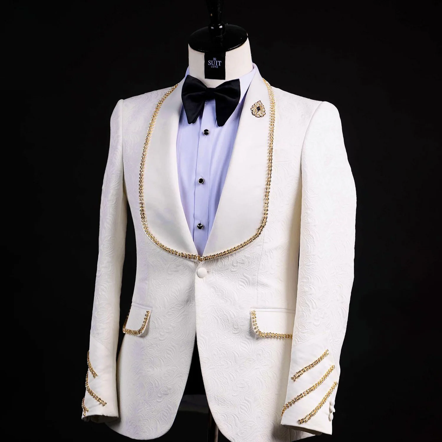 Traje de boda Jacquard clásico para hombre, ribete de cuentas doradas, ajustado, 2 piezas, fiesta, hecho a medida, novio, ocasiones formales, tamaño personalizado