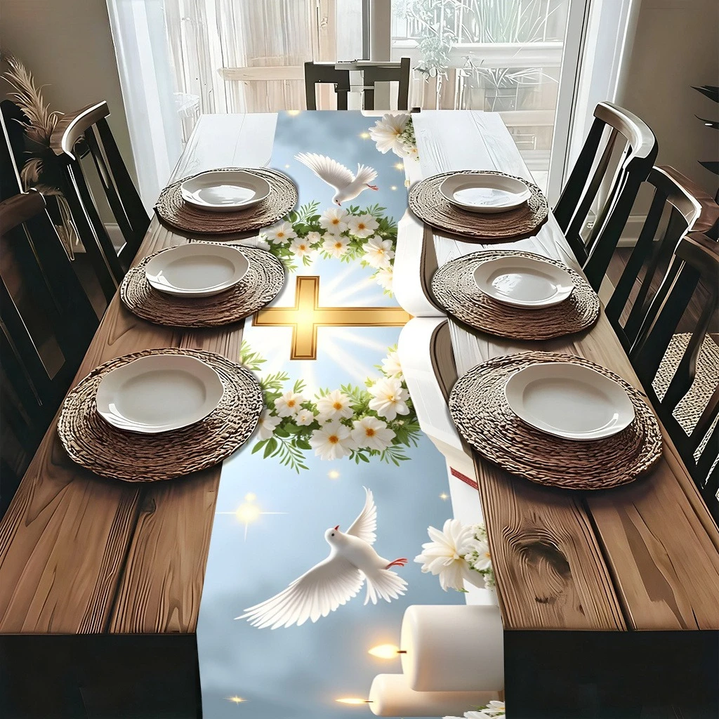 White Dove Flying Over Bible Print Table Runner, 1-Piece, Universal Table Runner for Parties & Holidays