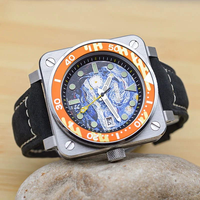 The Starry Night Dial Stainless Steel New Square Watch NH35 Movements Leather Band 200M Diver Automatic Mechanical Watches