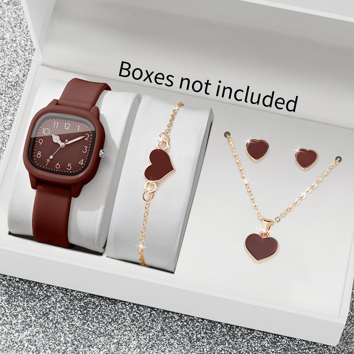 5PCS Fashion Square Women Watches Heart Jewelry Set Casual Silicone Strap Sports Wristwatch Reloj Mujer Girls Gift (Without Box)
