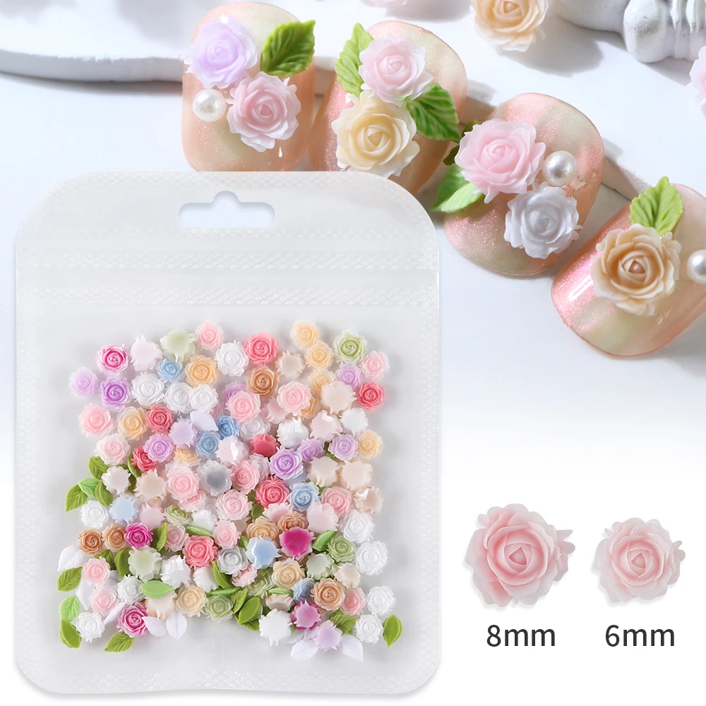 100pcs Romantic Rose Nail Art Charms Manicure Accessories Rose Flower Mix Green Leafs Colorful Flowers DIY Nails Jewelry