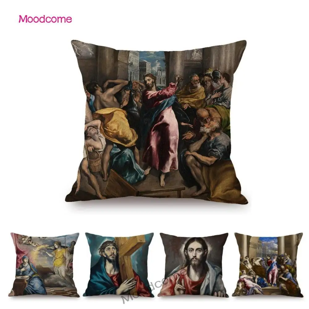 Spanish Painter El Graco Oil Painting Jesus Christ Mannerism Renaissance Home Decoration Throw Pillow Cover Linen Cushion Cover