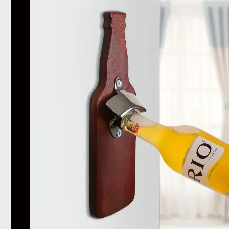 Wall Mounted Beer Bottle Opener Magnetic Vintage Wooden Beer Bottle Shape Corkscrew Vintage Style Wall Pendant Bar Home Decor