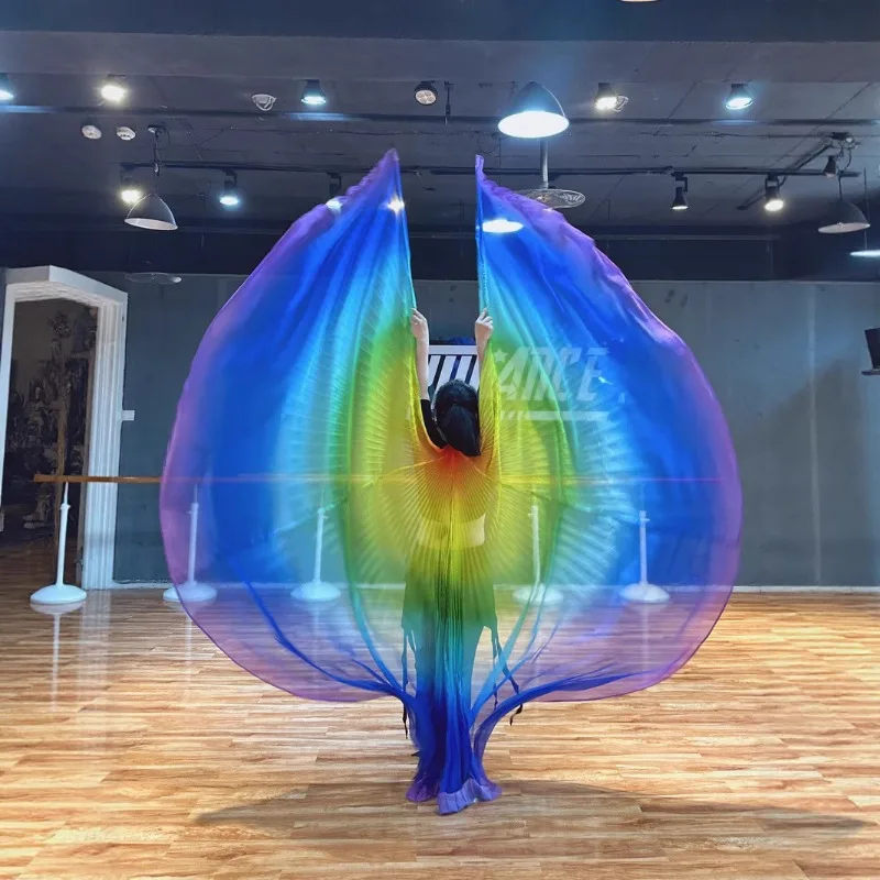 

Women Belly Dance Chiffon Wings Performance Props Egyptian Isis Wings 360° Silken Colorful Rainbow Wings with Sticks