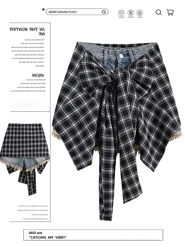 

High Waist American High Street Layered Plaid Design Denim Shorts Women Summer New Style Slim A-Line Hot Pants Casual Wide Le...