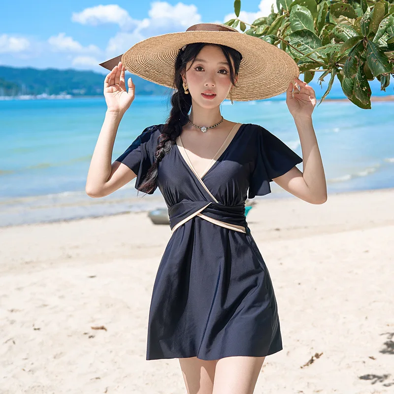 

New One-piece Skirt Style Flat Corner Plus Size Swimsuit Women Slimming Covering Belly Steel Chest Support Gathered Hot Spring