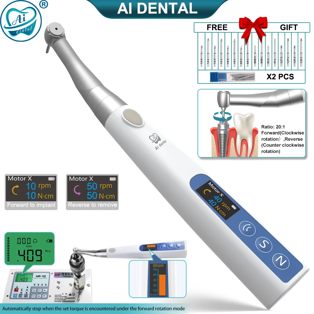 

Portable 20:1 Implant Endodontic Treatment Drills Torque Electric Wrench 360Degree Cordless Motor Slow Speed Handpiece AI-TW-MT7