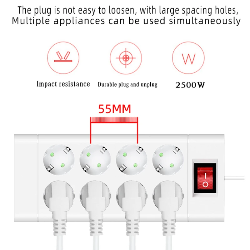 EU Plug Power Strip 6/8/10 Jacks EU DC Outlet Multitap Extension Cord Length 2M Electrical Socket Home Multiprise Network Filter