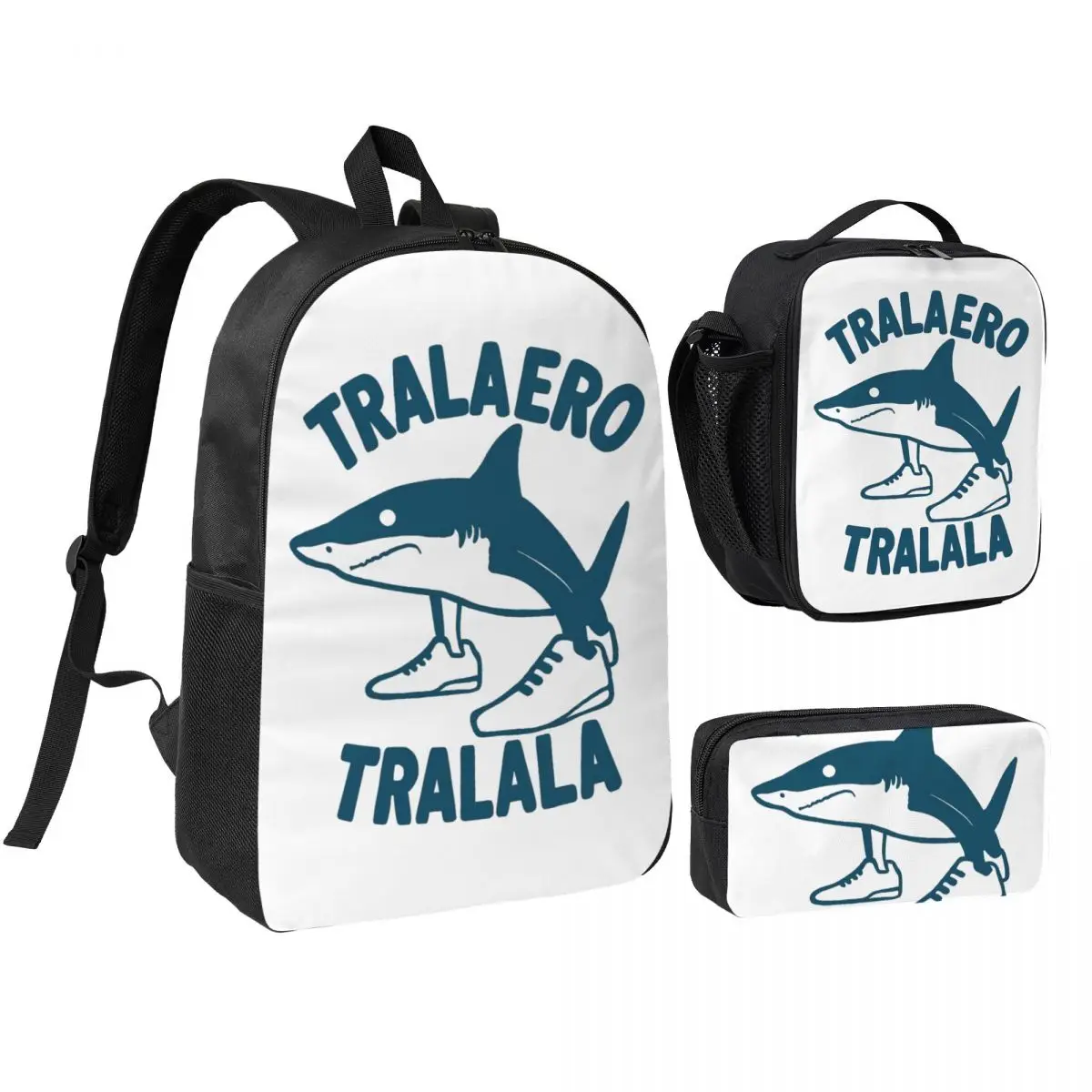 3pecs/set Shark In Shoes Brain Rot Tralaero Tralala Backpack Back To Italian Brainrot High School Daypack Lunch bag Pencil Case