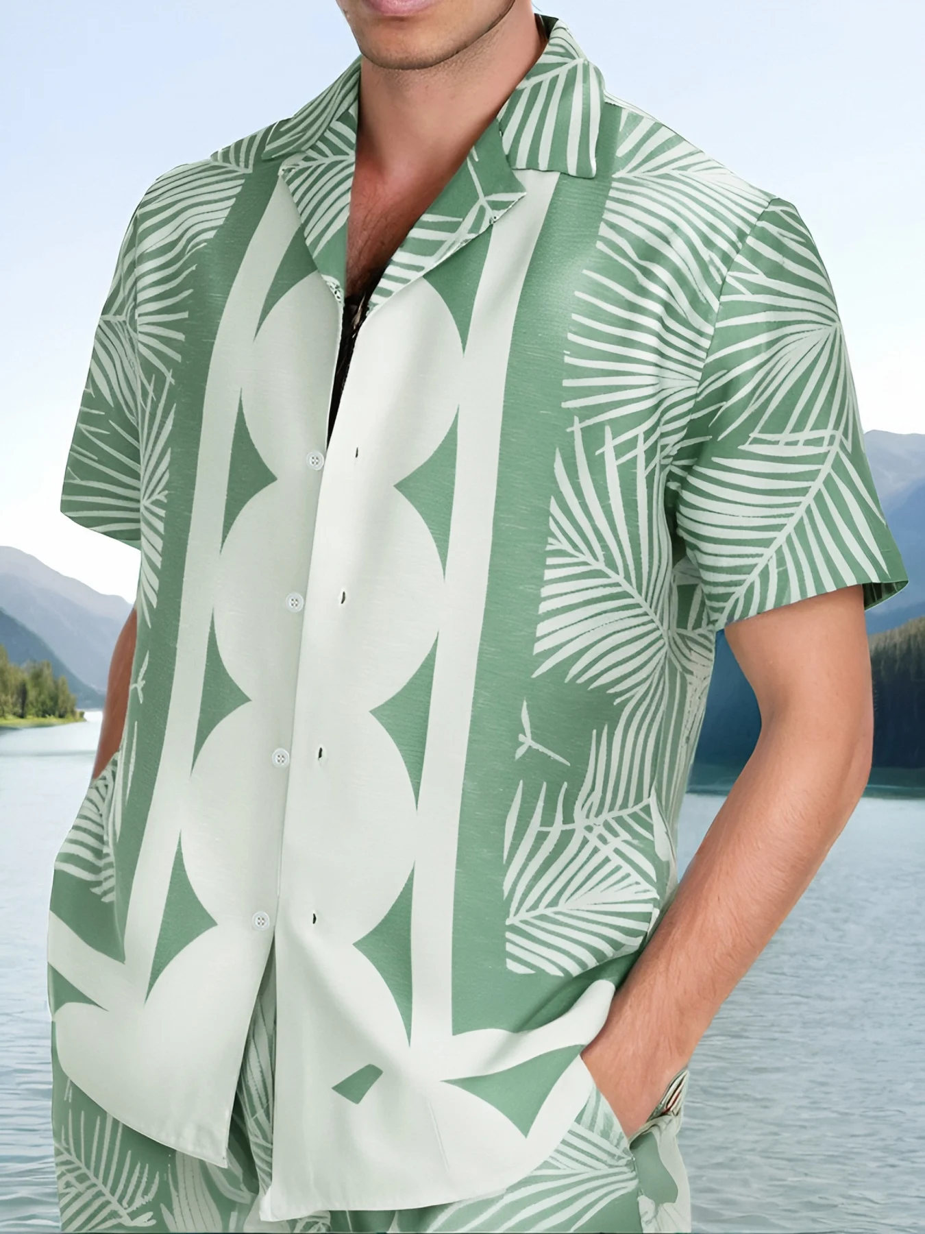 

Men's Green & White Palm Leaf Vacation Set 2 Piece Cuban Collar Short Sleeve Shirt & Drawstring Shorts Outfit