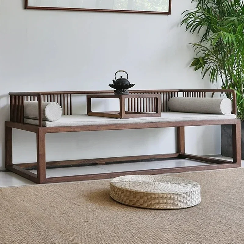 

New Chinese-style Zen sofa combination solid wood living room Arhat bed chaise longue black walnut antique fabric small