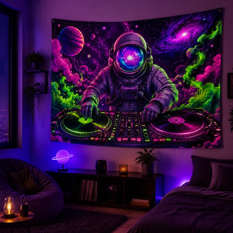 Vikama Gothic Anime Tapestry Dark Aesthetic Vikama Cyberpunk Dj Astronaut Tapestry Psychedelic Space Dj-Themed Dark-Toned