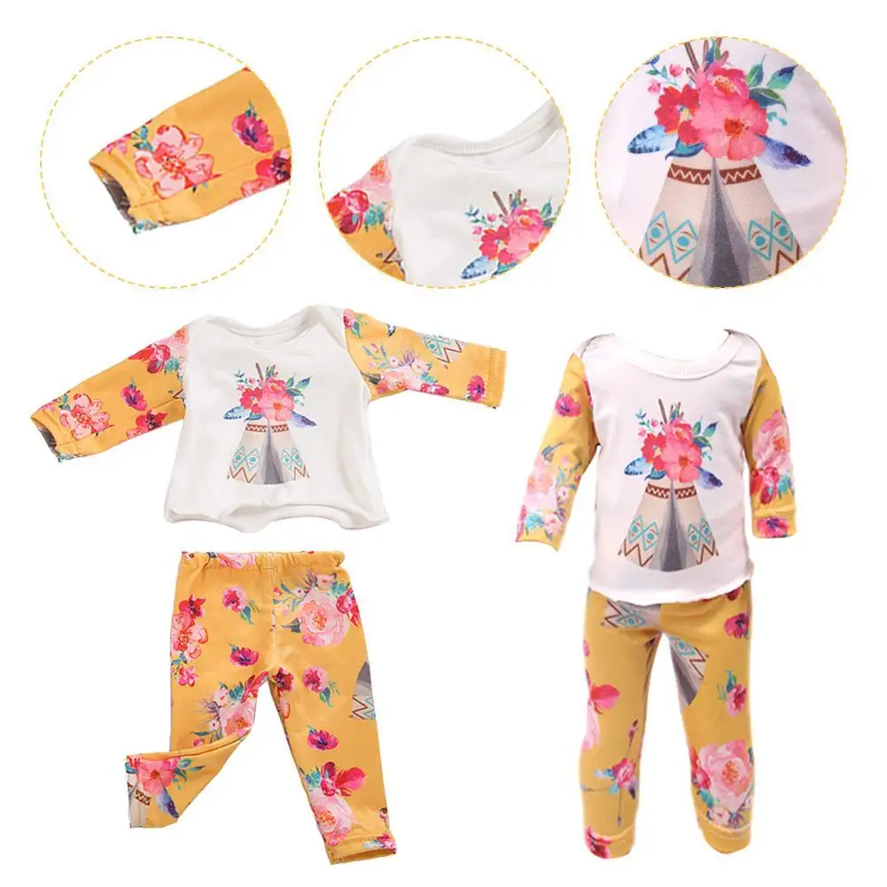 Doll Clothes Cute Doll Pajamas For American 18 Inch Girl Doll Flower Clothes Suit For 43 Cm Baby Doll Accessories