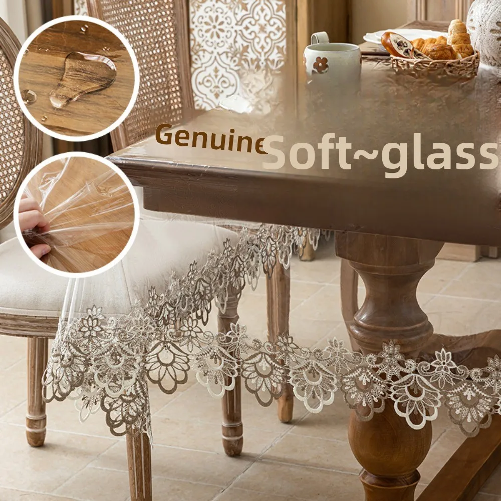Soft Glass Light Luxury High-end Table Mat Coffee Table Mat Atmosphere Lace Transparent Lace Tablecloth Waterproof and Oil-proof