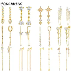 925 Sterling Silver Needle Geometry Long Chain Zircon 18k Gold Stud Earrings Pendant Women's Fashion Luxurious Earrings Jewelry