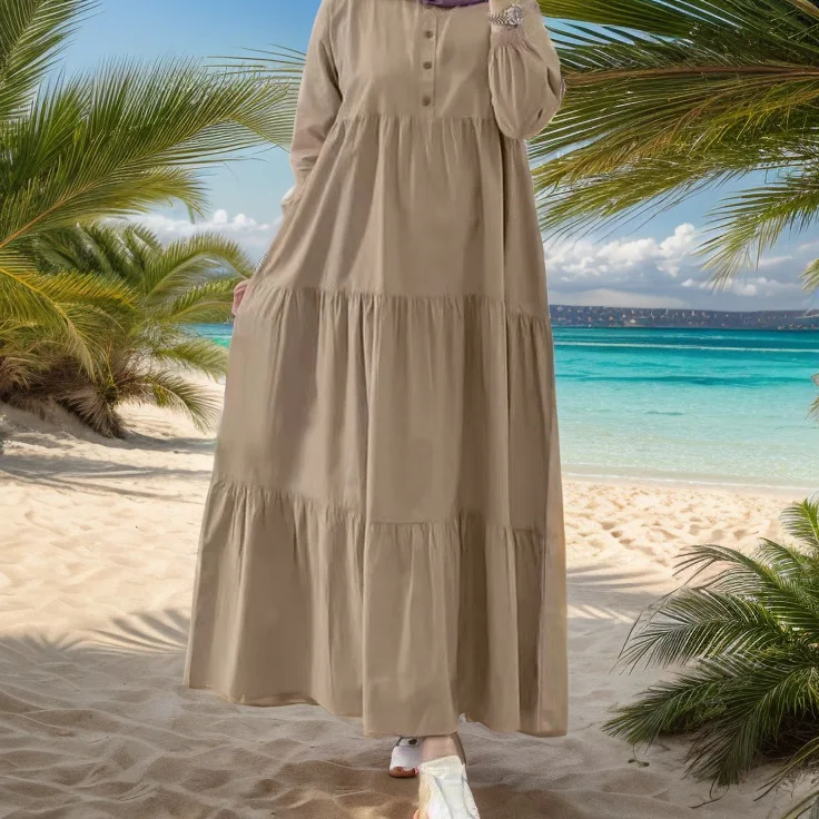 Robe musulmane de dubaï, couleur unie, ample, col décontracté, décorée de boutons, manches longues, en coton et lin, nouvelle mode
