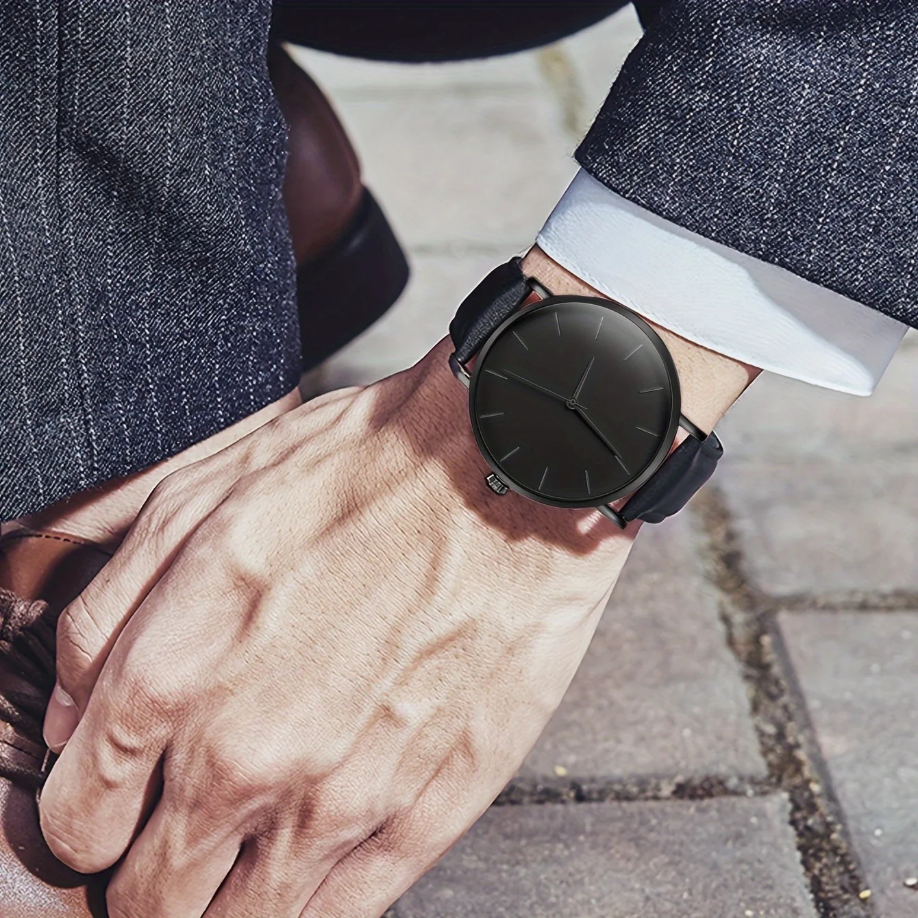 ชุดนาฬิกาควอทซ์และสร้อยข้อมือลูกปัดสำหรับผู้ชาย-ตัวเรือนโลหะผสมอิเล็กทรอนิกส์แบบลำลองสายหนัง PU ไม่กันน้ำ