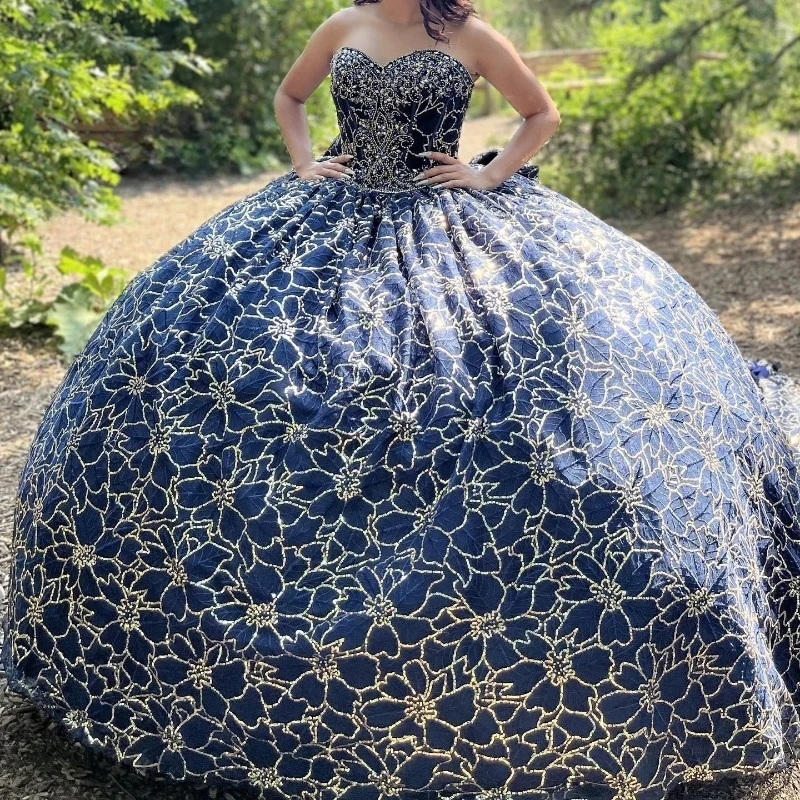 Navy Blue Princess Quinceanera Dresses With Bow Off Shoulder Ball Gown Glitter Appliques Crystals Beads Sweet 15th Dress