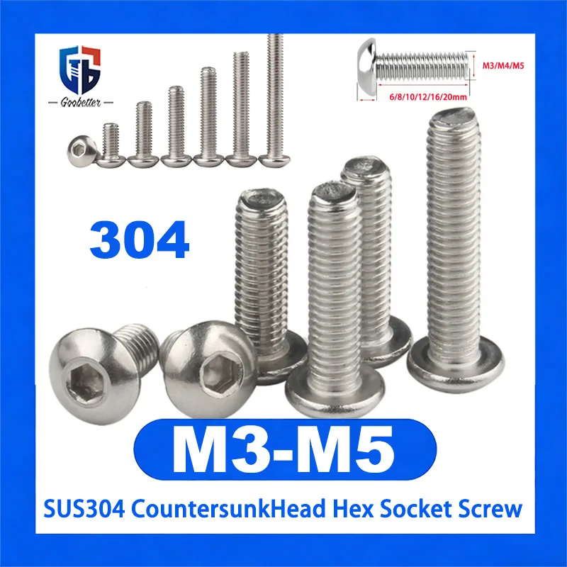 304 Stainless Steel Pan Head Hex Socket Screw M3-M5 Round Head Hexagon Socket Bolt Machine Screws Industrial Hardware Fastener